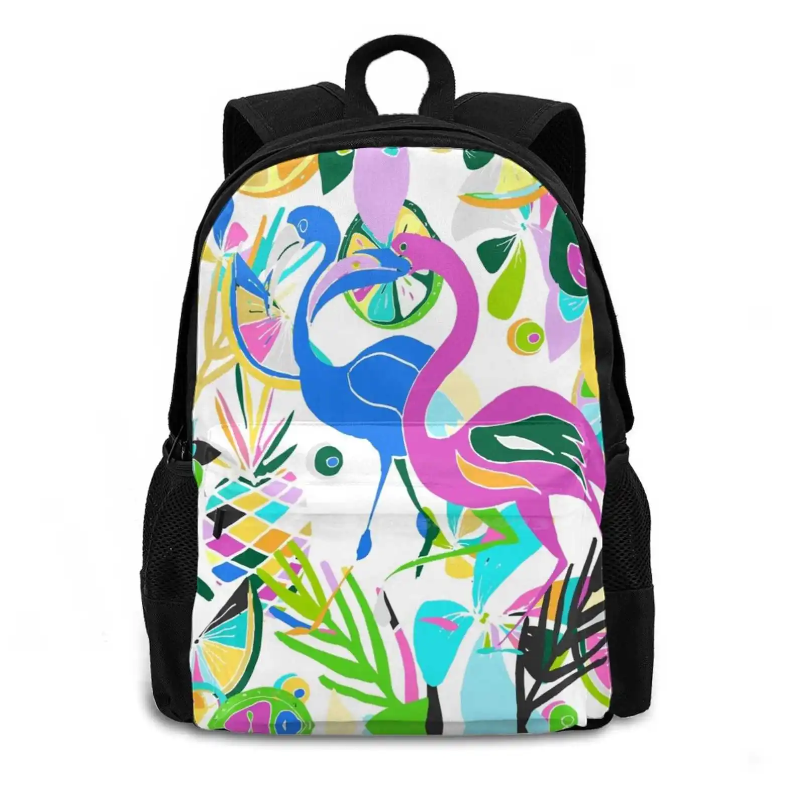 Pink Flamingo Fun With Colors 510D Print Design Backpack Student Bag Birds Aviary Jungle Blue Flamingo Fun