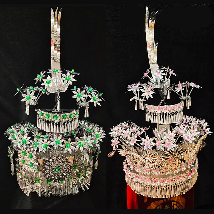 5 Designs Minority Group Miao Colorful Miao Silver Hat for Bride Wedding or Stage Performance Miao Hat Pailette Bird Dragon Fish