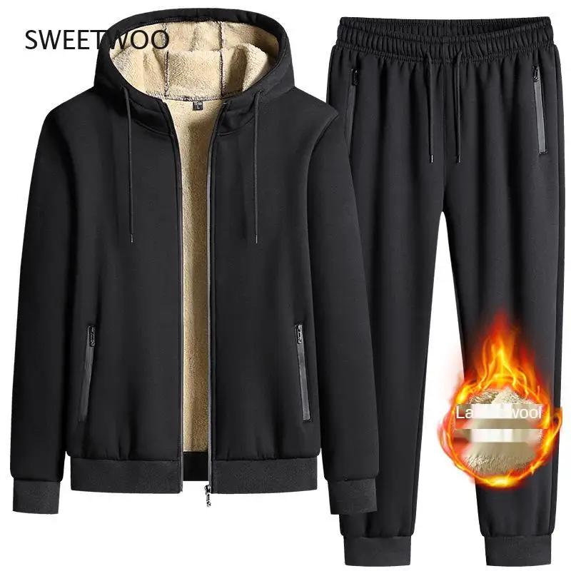 Men's two-piece fleece suit thick hooded casual sportswear cashmere winter suit  5Xl casual suit 2021 new