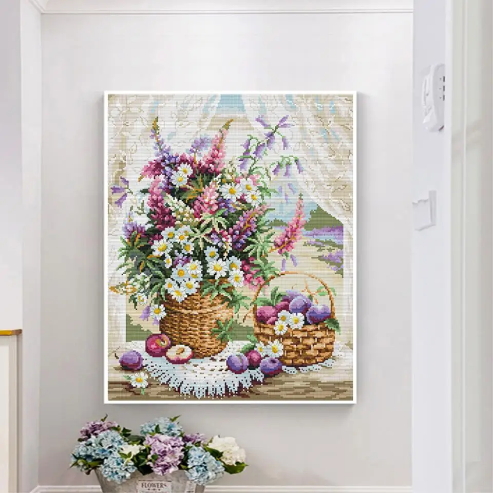 Flower basket on the windowsill Counted cross stitch kit Aida 14ct 11ct embroidery set DIY sewing kit Home decoration painting