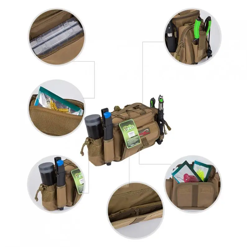 Multifunctional Khaki Waist Shoulder Messenger Fishing Tackle Bag with 2 Double Layer Lures Boxes