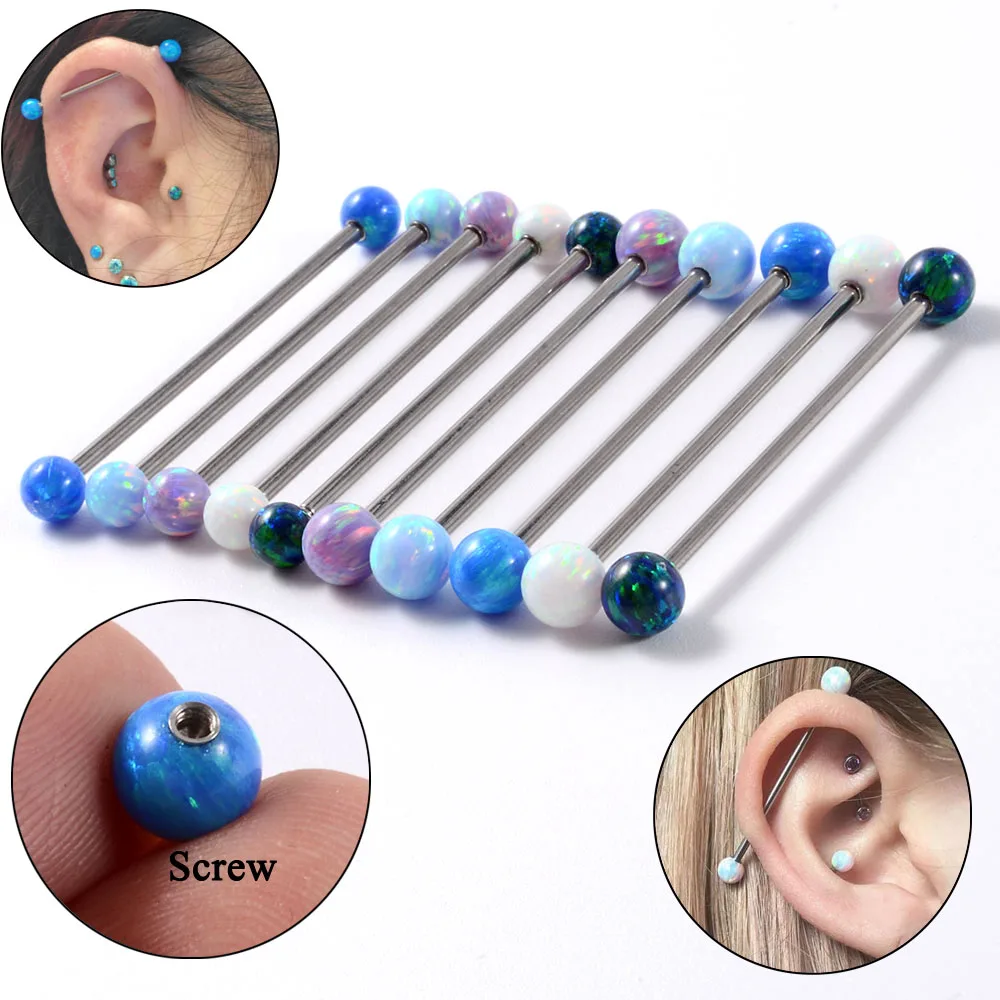 1PC Surgical Steel Opal Industrial Barbell Screw Opal Stone Industrial Earrings Cartilage Tragus Helix Piercing Body Jewelry