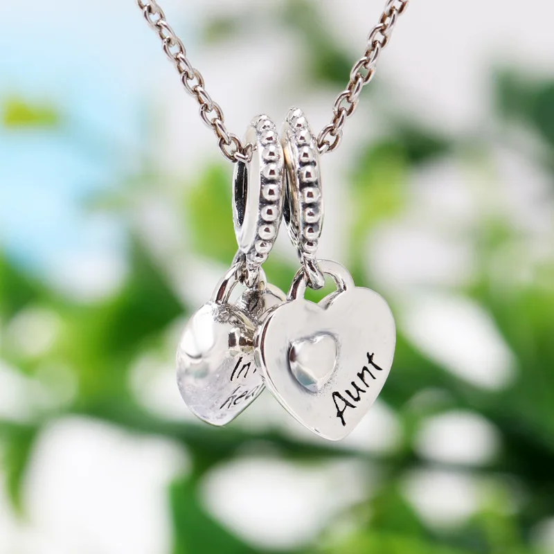 New Original 925 Sterling Silver Beads Aunt & Niece Double Heart Dangle Charm Fit Pandora Bracelets Women DIY Jewelry Dropship