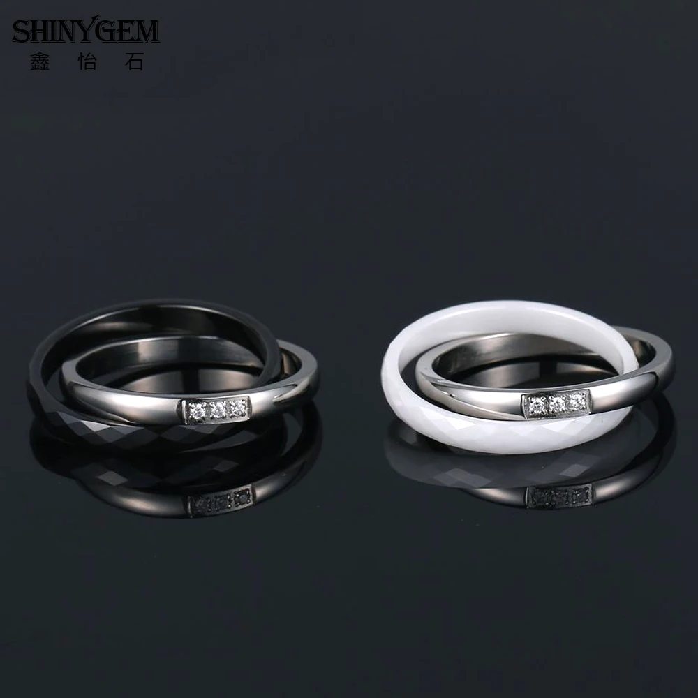 ShinyGem Fashion Stainless Steel Double Cross Ceramic Ring Black/White Micro Inlay Zircon Unique Pottery Rings For Women Wedding