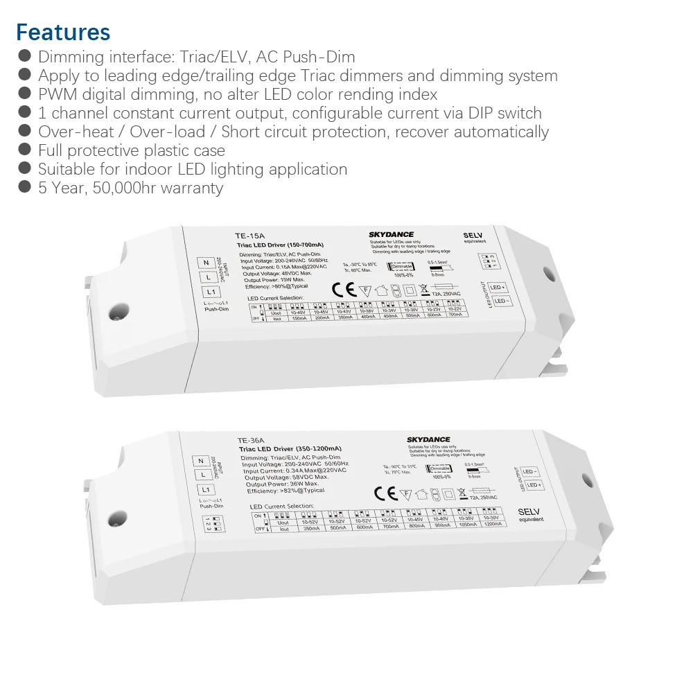 Led Triac Dimming Driver TE-15A/25A/36A 200-240V input,Output 15-36W 150-1200mA constant current Triac Dimmable LED Driver