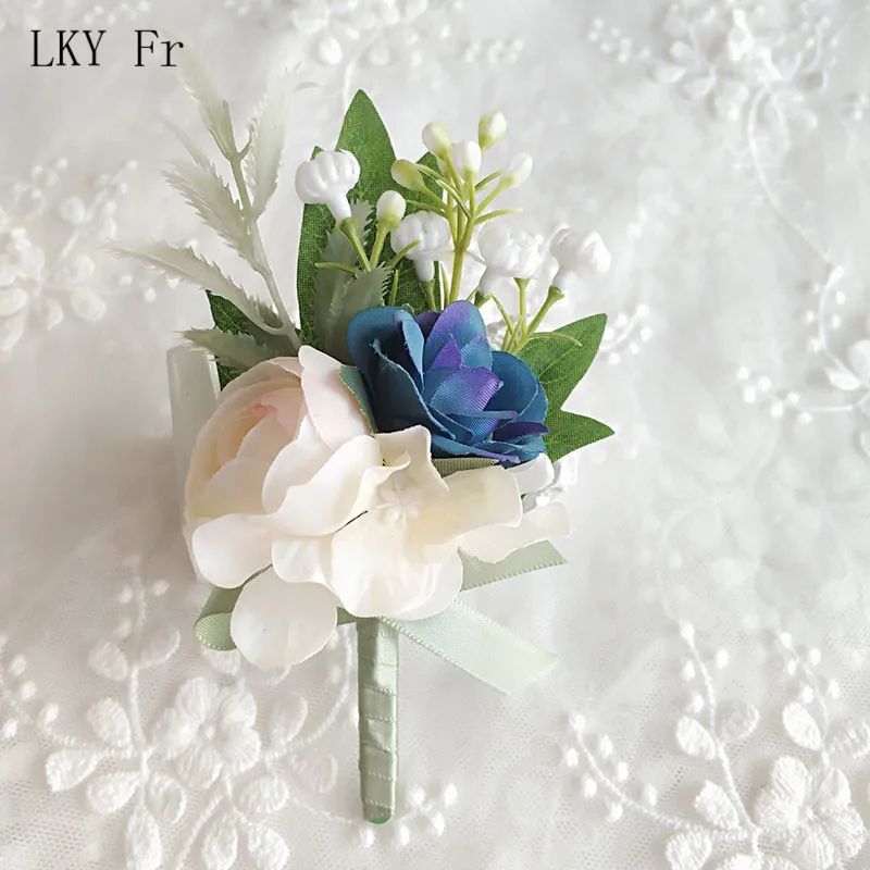 Lky Fr Corsage Wedding Boutonnières Blauwe Rozen Zijde Armband Bloemen Bruidegom Man Pak Knoopsgat Broche Pins Huwelijk Accessoires