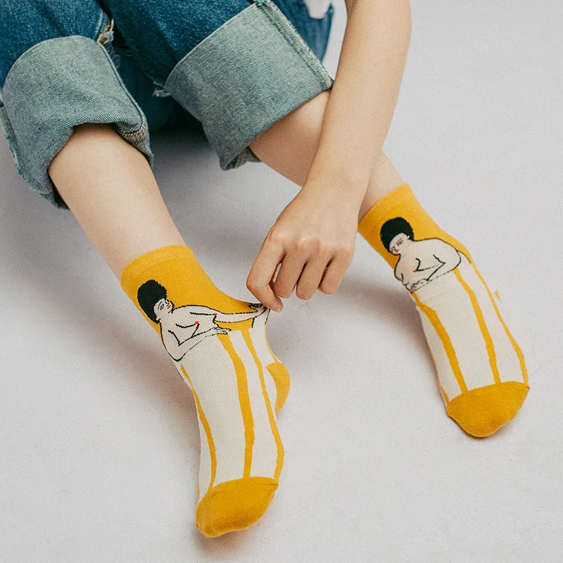 Funny Cartoon Girl Patterned Women Ankle Cotton Socks Women Short Hipster Japanese Casual Creative Cute Socks Art Funny Sox