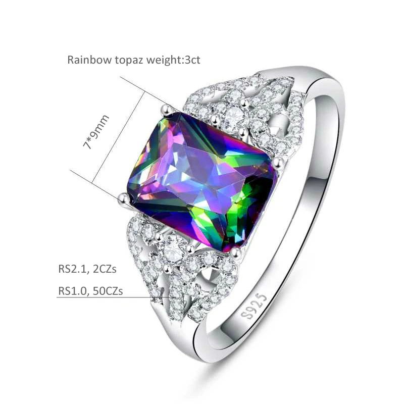 Hot Emerald Cut 3ct Natural Mystic Fire Rainbow Topaz Engagement Wedding Ring Genuine 925 Sterling Silver Rings for Women