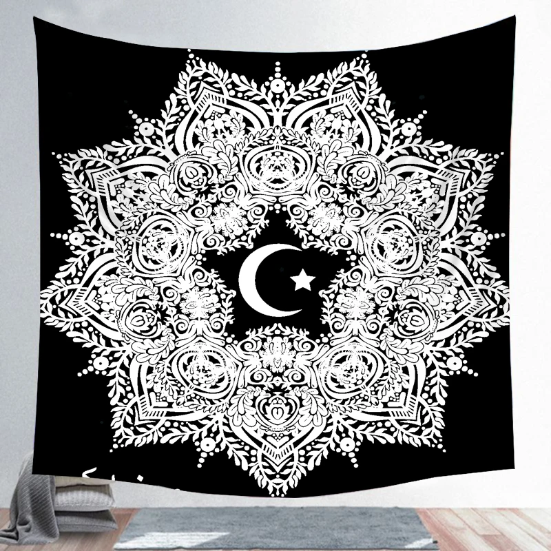 Moon Star Black White Mandala Starry Sky Tapestry Mural Bohemian Gypsy Psychedelic Tapiz Witchcraft Astrology Cushion