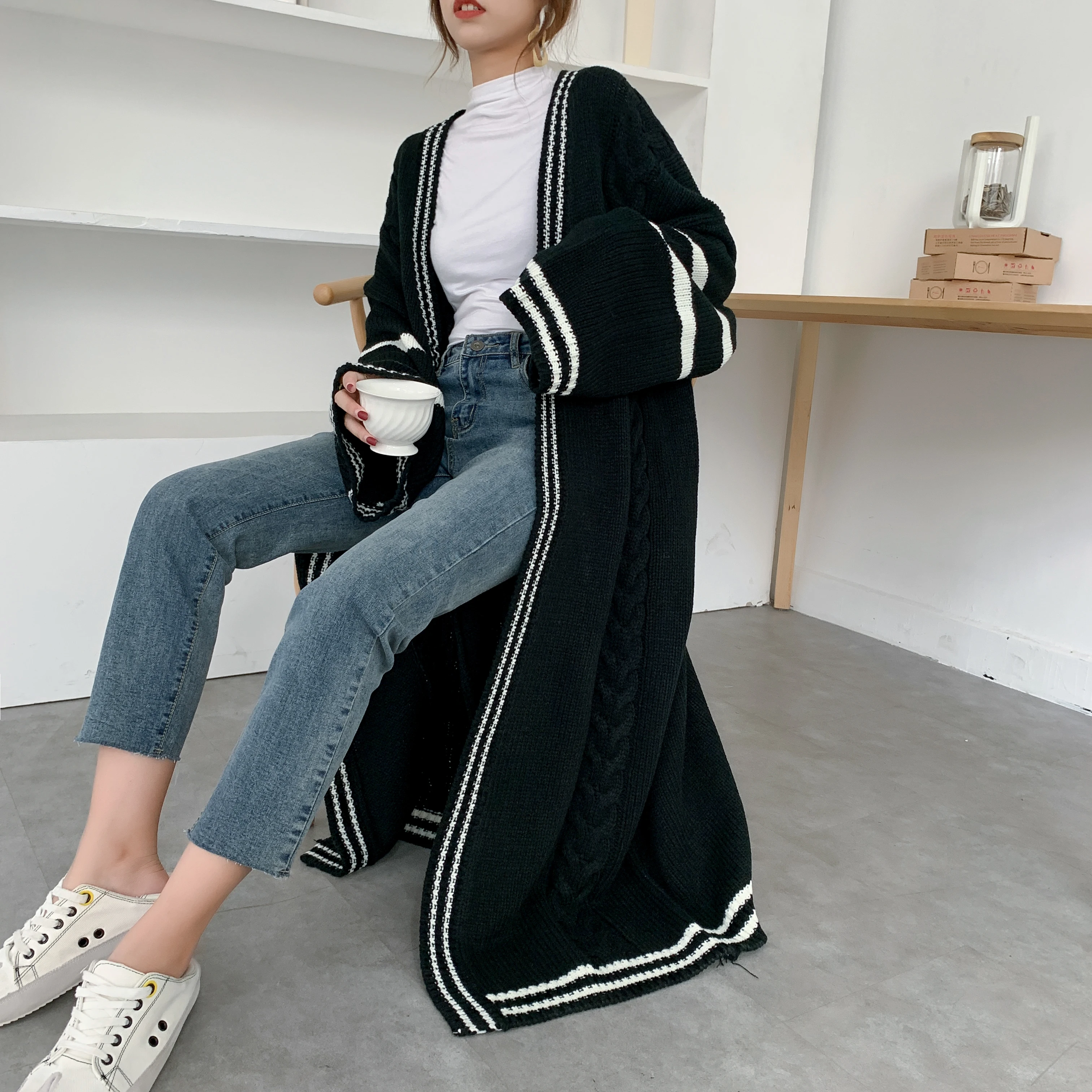 [ZAYAU]Autumn and Winter Long Thickened Sweater Coat women\'s Korean Stripe Loose Large Size Lazy Wind Knee Thick Cardigan