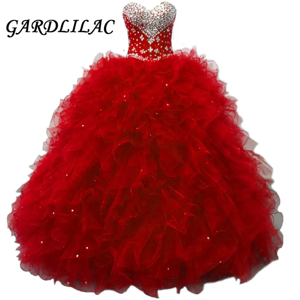 레드 Quinceanera Dresses2021Beadings 크리스탈 Tulle 드레스 15 세 Debutante 아가 목 Vestidos 드 15 Anos