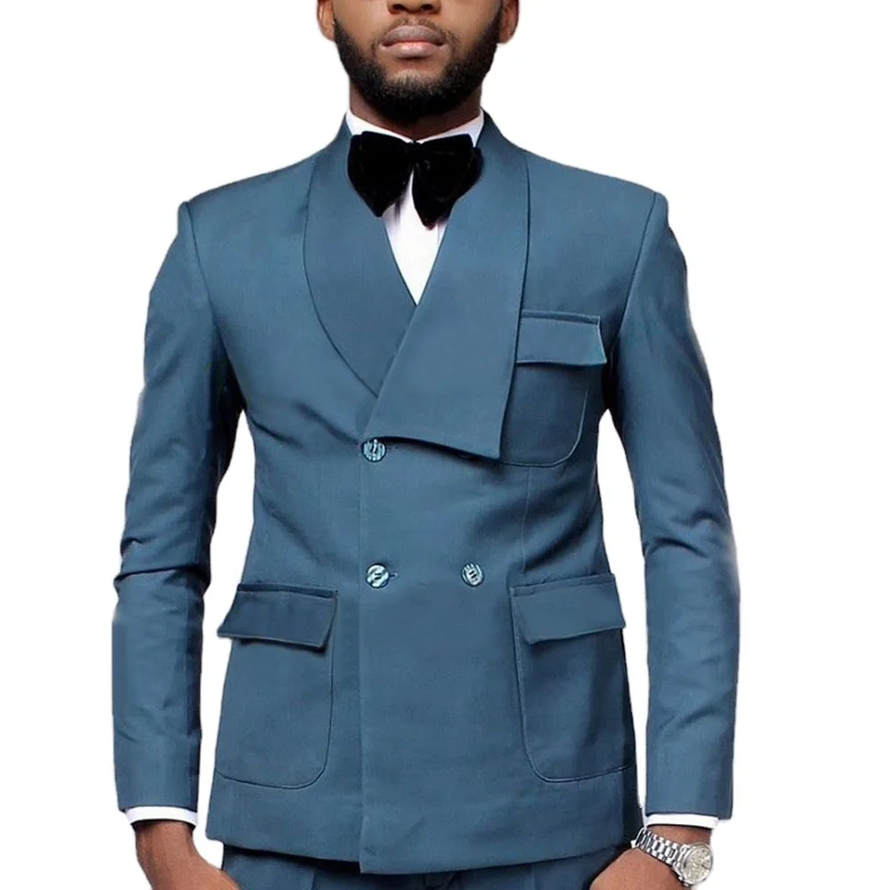 

Latest Design Double Breasted Lake Blue Blazer Trousers Men’S Wedding Suits Sets Slim Fitted Prom Party Wear 2pcs(Jacket+Pants)