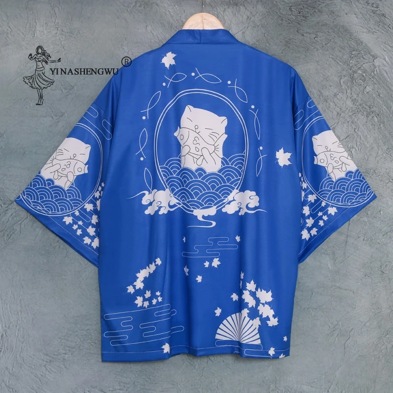 

New Fashion Streetwear Cartoon Cat Print Kimono Cardigan Robe Loose Three-quarter Sleeves Traditional Japanese Clothes For Women