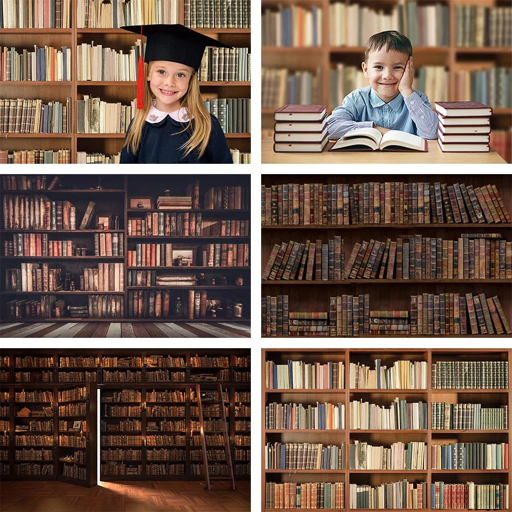 Avezano Library Bookshelf Backdrop Vintage Wood Collect Books Baby Portrait Photography Background for Photo Studio Photophone