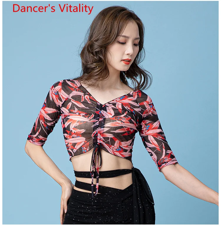 Belly Dance Top Summer Practice Clothes Sexy Deep V Neck Gauze Bellydance Top Oriental Dance Performance Women Dance Outfit