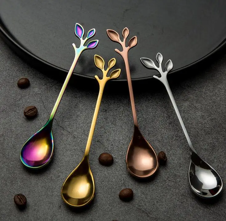 

High Quality Tree Leaves Spoon With Handle Tree Branch 410 Stainless Steel Coffee Tea Stirring Spoon Novelty Gift SN3937