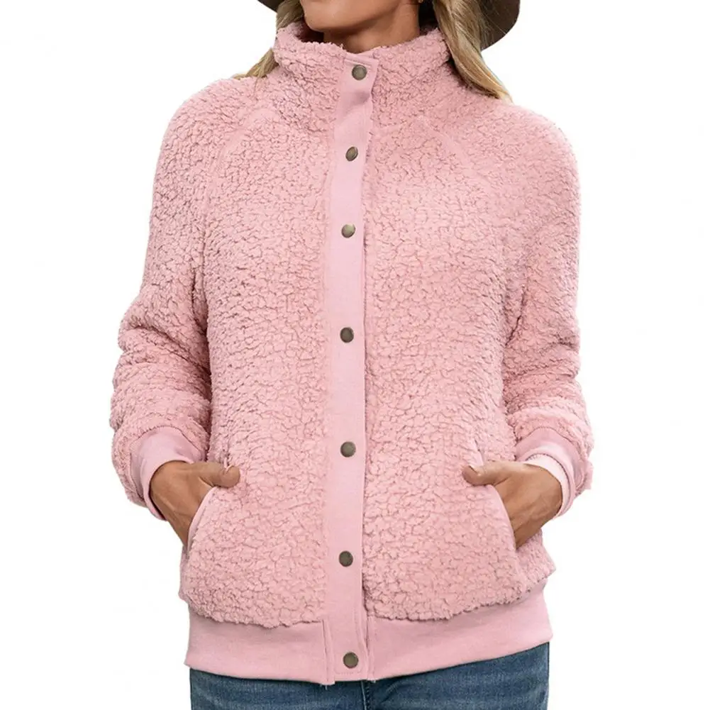 Dropshipping!! Buttons Closure Side Pockets Fleece Jacket Women Stand Collar Warm Cardigan Jacket Outerwear