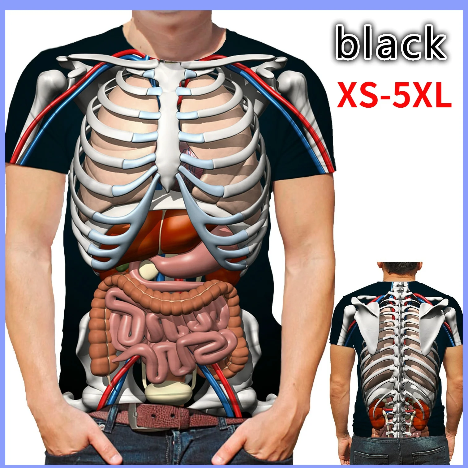 Personality T Shirt Male Skeleton Internal Organs Printed Short-sleeved T-shirt Funny Casual Tee