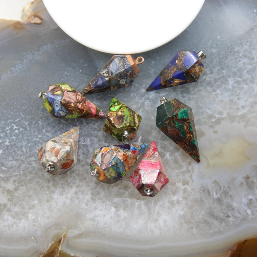 1pcs Natural Emperor Stone Taper Shape Pendant,Sea Sediment Imperial Jaspers Stick Points Pendulum Necklace DIY Jewelry Gift