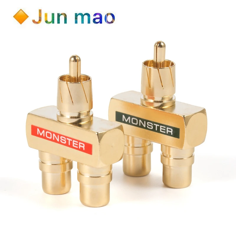 2pcs Monster Binary RCA Audio Conversion Joint RCA 3 interfaces Gold Copper-plated Lotus 1 male to 2 female transfer adapter