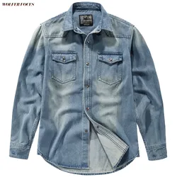 Denim Long Sleeve Shirt Big Size Luxury Men's Clothing Casual Social Men's Spring Clothes Collared Cardigan Vintage Shirts Coat