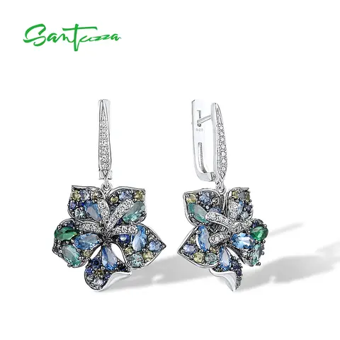SANTUZZA Pure 925 Sterling Silver Earrings For Women Sparkling Multi Color Gems Blooming Flower Drop Delicate Party Fine Jewelry