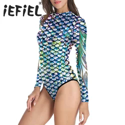 Women Mermaid Costumes Beachwear Bodysuit Long Sleeves Fish Scales Print Back Zipper Jumpsuit Swimming Bathing Surfing Swimwear