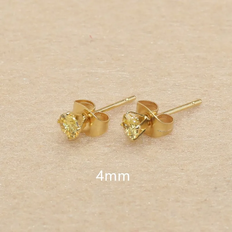 4mm 20 Colors For Choose AAA Zircons Stainless Steel Golden-color Stud Earrings No Fade Allergy Free