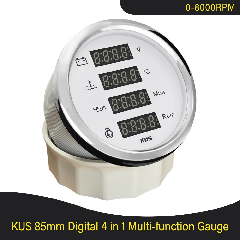 KUS 85mm Digital 4 in 1 Multi-function 8000RPM Tachometer Water Temp Oil Pressure 0-1Mpa Voltmeter Red Backlight 9-32V