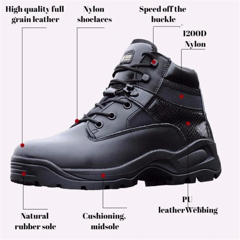 Men Army Tactical Boots Leather Low-Zip Waterproof Combat Boots Black Outdoor Hiking Shoes sneaker for men Climbing Shoes