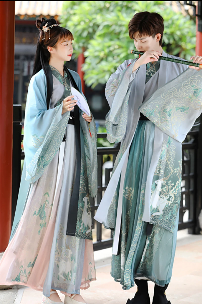 Hanfu Couples Chinese Ancient Vintage Hanfu Shoot Adult Carnival Cosplay Costume Green&Gray 3 Pcs Hanfu Outfit For Men&Women