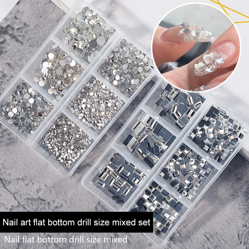 1 Box Crystal Nail Art Rhinestone Gold Silver Clear All Color Flat Bottom Mixed Shape DIY Accessories 3D Decoration In 6cell Pot