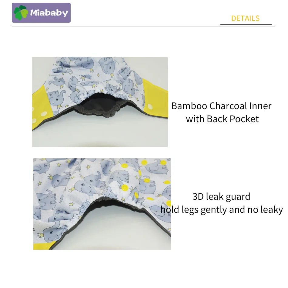 Miababy One Size Bamboo Charcoal Pocket Diaper Eco-friendly Reusable Baby Nappy fit 3-15 kg Infant Cloth Diaper