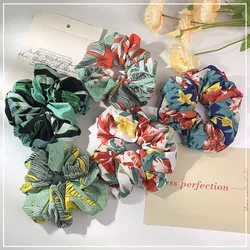 Spring Summer Big Leaf Flower Print Elastic Hair Rope Holiday Hair Band Ponytail Holder Vintage Hair Scrunchies Thick Hair Gum