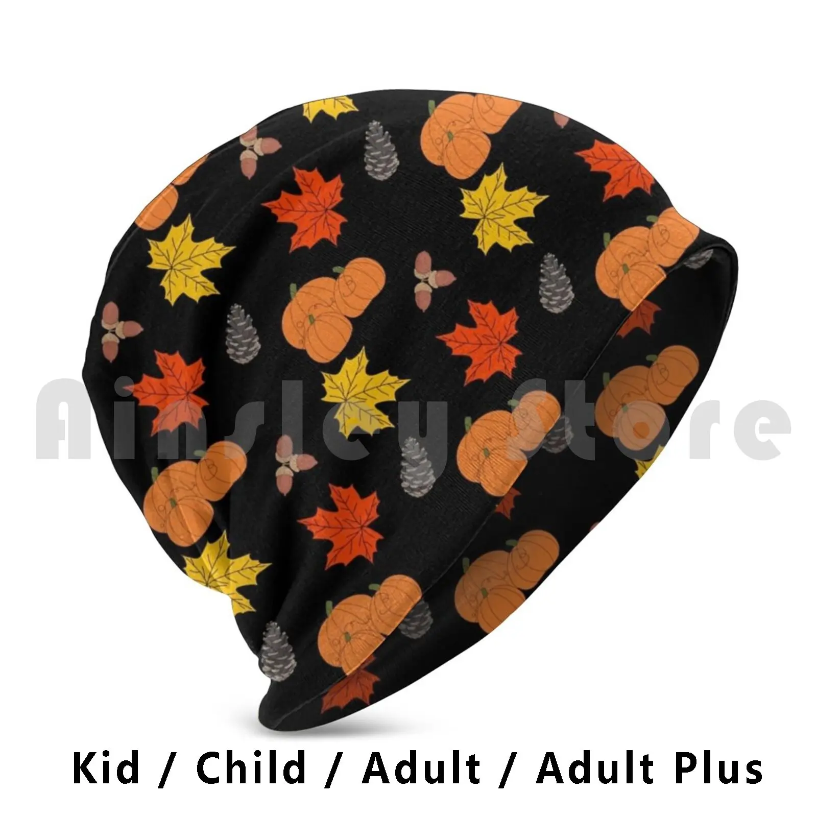 Pumpkins Leaves Acorns Pine Cones Fall Illustration Pattern Beanie Hedging Cap DIY Print Cushion Pumpkins Pattern Autumn