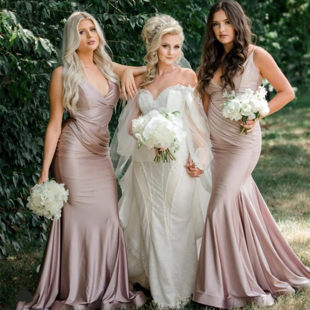 Dusty Pink Elegant Formal Wedding Bridesmaid Dress Deep V-Neck Mermaid Sleeveless Backless Floor Length Party Gown New