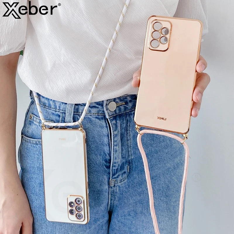 Crossbody Lanyard Strap Plating Silicone Case For Samsung S24 S23 S22 Ultra S21 Plus S20 FE Note 20 A73 A53 A52 A72 A32 A51 A71