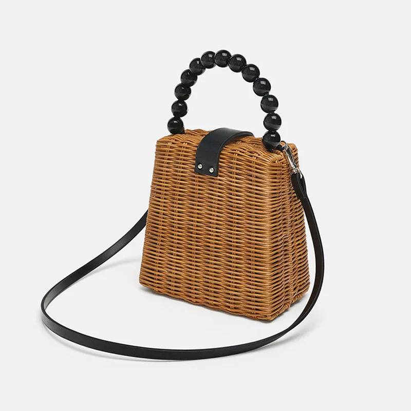 Mini Rattan Women\'s Handbag Handmade Straw Beach Bag Wicker Woven Bohemia Summer Female Shoulder Crossbody Bags Beaded Tote