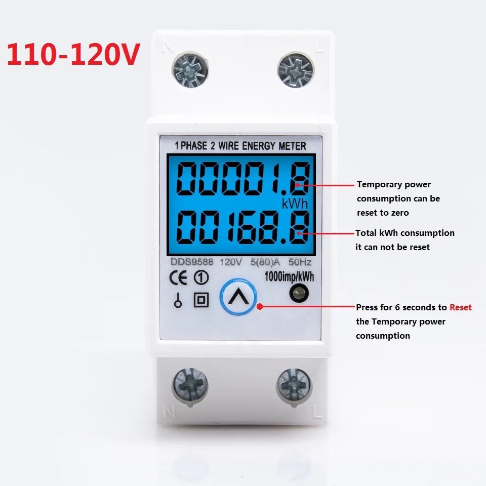 110V/120V 50/60Hz 5(80)A Digital Wattmeter AC Power Energy Meter Din Rail KWH Voltage Current Meter Backlight Reset Function