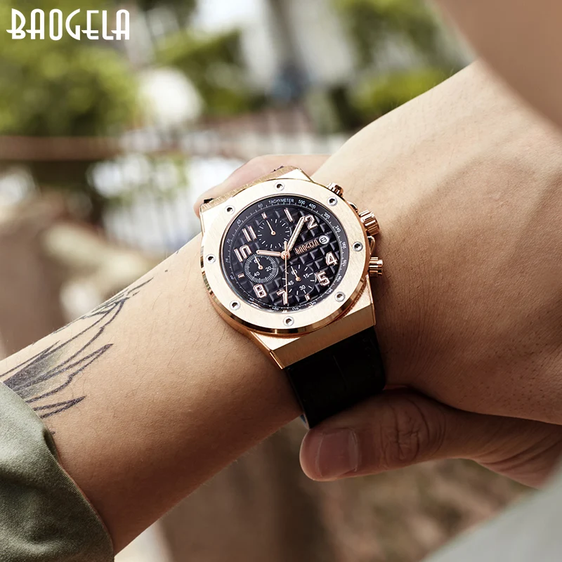BAOGELA Men\'s Chronograph Quartz Watches 2024 New Waterproof Sports Casual Wrist Watch Man Leather Strap Clock 1805 Rose Black