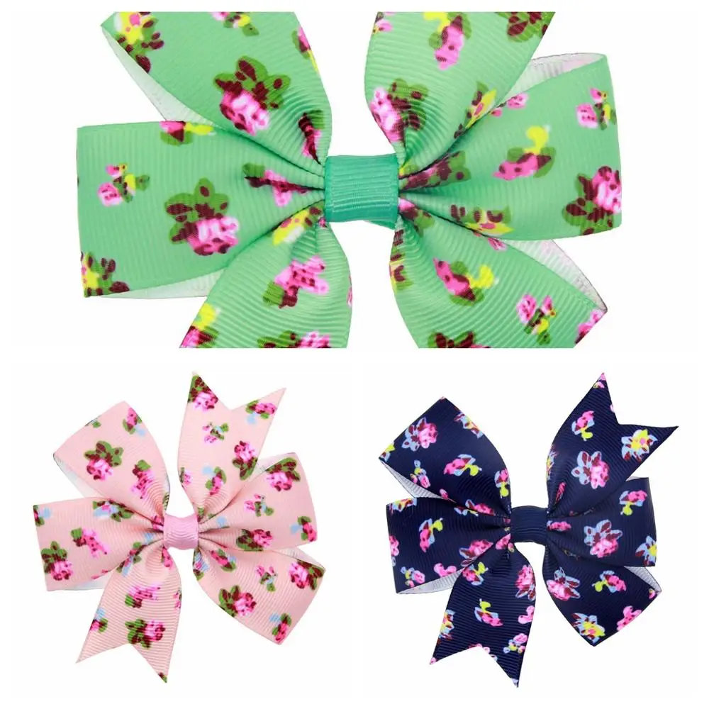 60pcs/lot 3inch 8cm heat transfer printed flower grosgrain ribbon bows clip floral printed hair bows