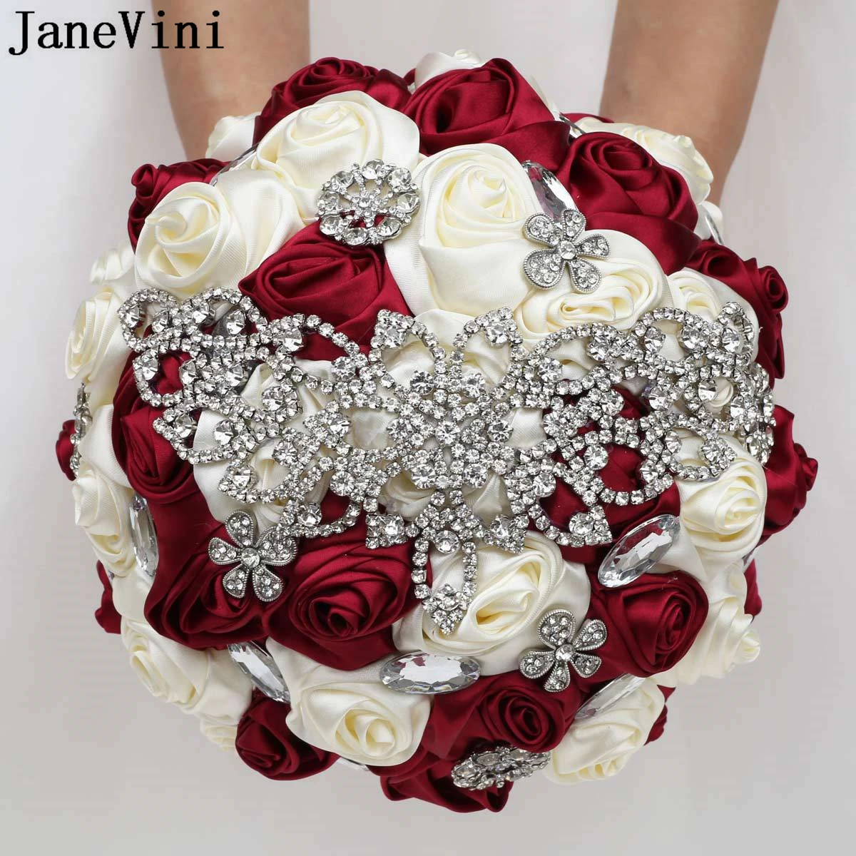 

JaneVini Luxury Bridal Wedding Brooch Bouquets Artificial Satin Roses Diamond Burgundy Ivory Bridemaid Flower Bouquet Customize