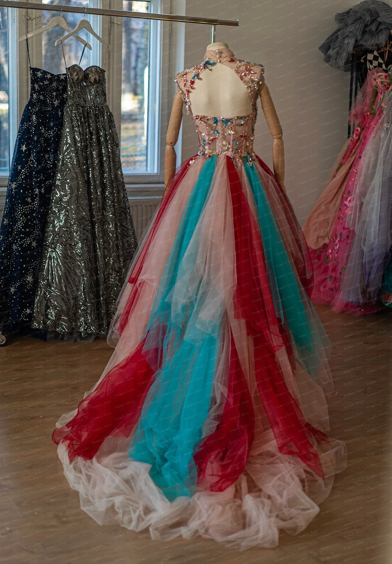 High Neck Prom Dress Colorful Dress Sequin Beaded Dresses With Slit Three Color Dresses Long Evening Dresses Layered Fluffy Gown