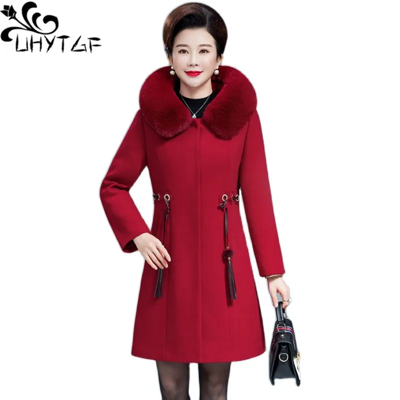 

UHYTGF Womens Winter Coat Fur Collar Hooded Casual 5XL Big Size Tops Quality Cashmere Wool Outwear Female Slim Long Jacket 444