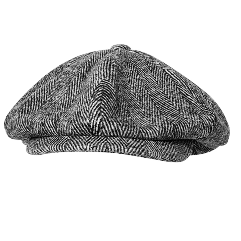 Newsboy Hat Men Gray Wool Octagonal Cap Spring Autumn Winter Herringbone Baker Boy Hat Men\'s Stylish Caps Eight-Blade Cap NM06