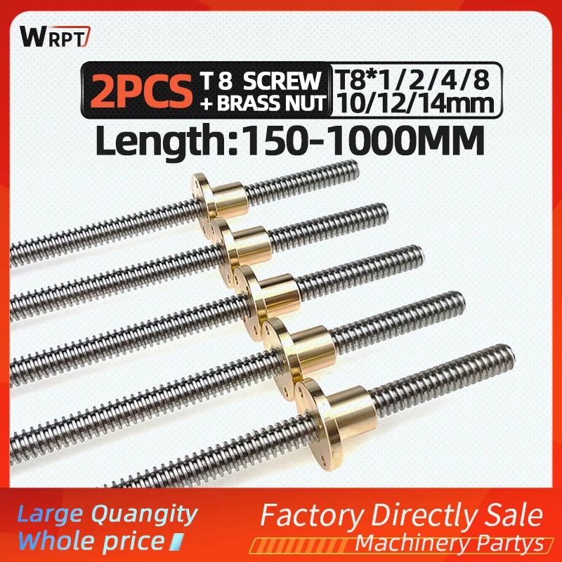 

CNC 3D Printer 2PCS T8 Trapezoidal Rod Lead Screw Thread 8mm Lead 1/ 2 / 4 / 8 / 10 / 12 / 14mm With Brass Nut, L=150MM-1000MM