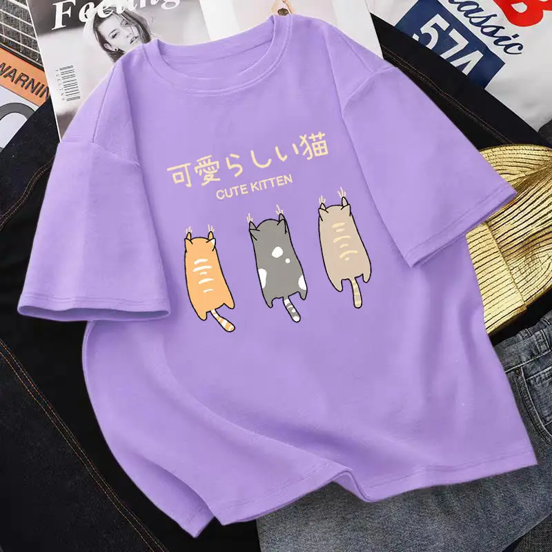 2021 90S New Harajuku Gothic Female Cute Cat Kitten Print Short Sleeve Tops Tees Fashion Casual Women Clothing Pullover T-Shirts