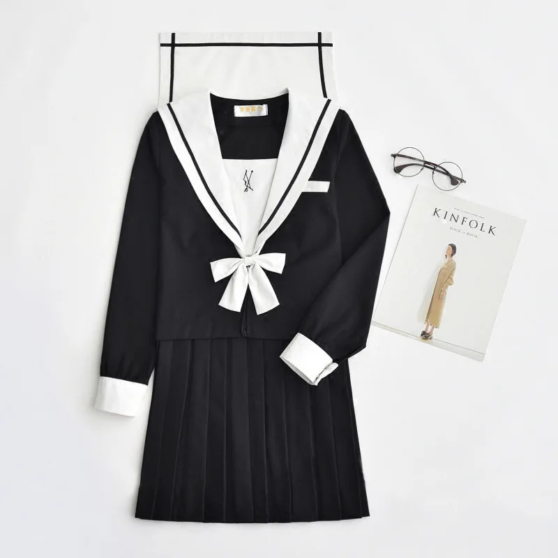 Black Japanese School Dresses Anime Cosplay College Middle High School Jk Uniform  With Tie Pleated Skirt Sailor Suit for Girls