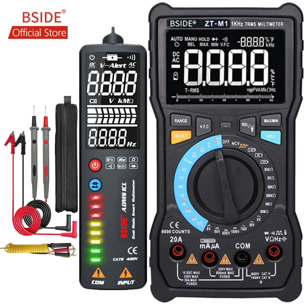 BSIDE ZT-M1 Auto/Manual Digital Multimeter EBTN Triple Display 8000 Counts Battery Test Voltage VFC Square Wave Output Tester