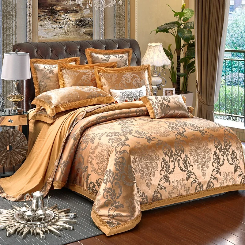 

100% New Luxury 4pcs Bedding Set Jianshang Golden Cotton Satin Jacquard Duvet Cover Set Available In Queen Size And King Size